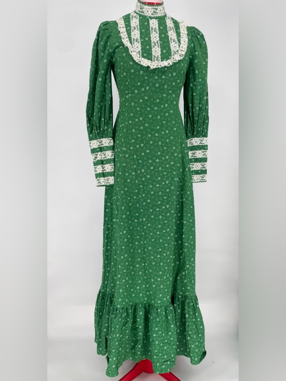 1970s Green High Neck Voluminous Long Sleeve Handmade Prairie Dress Lace Accents - Picture 5 of 15